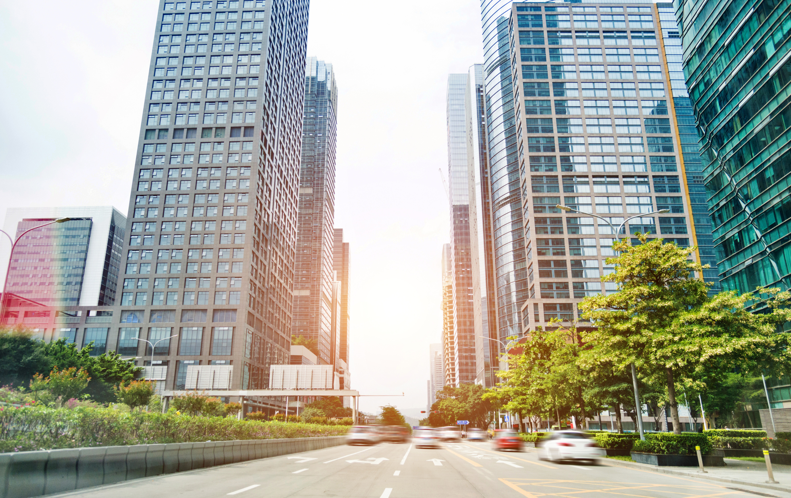 Office buildings and busy city street